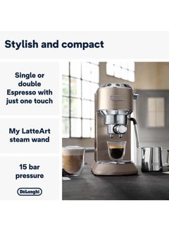 ديلونجي Dedica Arte Espresso Machine - MyLatteArt Milk Foam Nozzle, 15 BAR Pressure, Steel Tamper Included, Beige Gold - Create Perfect Espresso, Cappuccinos, and Latte Art at Home - 1 L 1450 W EC885.BG Beige  - Image 2