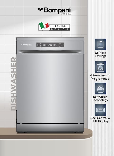 13L 13-Place Setting Freestanding Full Size Dishwasher With LED Digital Display, 8 Programs, 2 Racks, 3-in-1 Function, Child Lock, Half-Load, Delay Start, Stainless Steel 1850 W BO5011I Inox