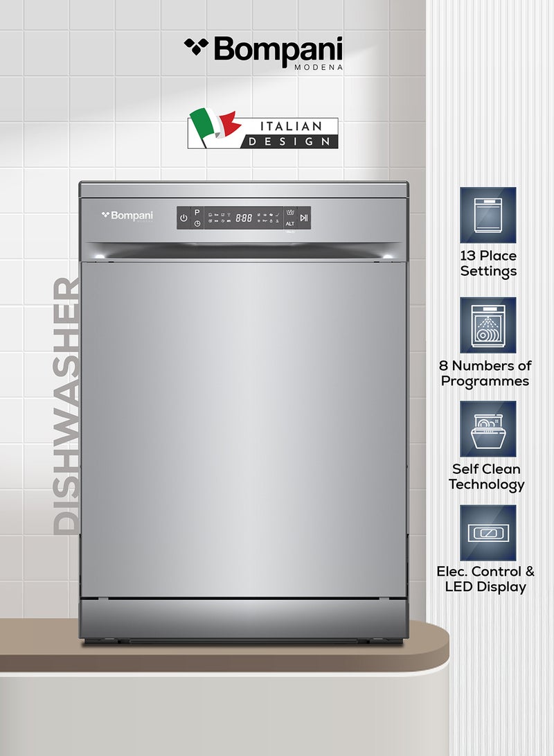 Bompani - 13L 13-Place Setting Freestanding Full Size Dishwasher With LED Digital Display, 8 Programs, 2 Racks, 3-in-1 Function, Child Lock, Half-Load, Delay Start, Stainless Steel 1850 W BO5011I Inox - Image 1