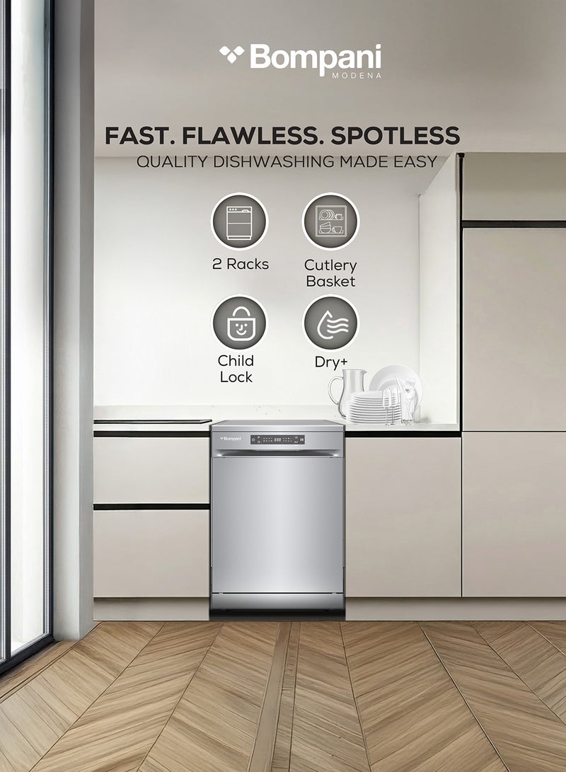 Bompani - 13L 13-Place Setting Freestanding Full Size Dishwasher With LED Digital Display, 8 Programs, 2 Racks, 3-in-1 Function, Child Lock, Half-Load, Delay Start, Stainless Steel 1850 W BO5011I Inox - Image 1