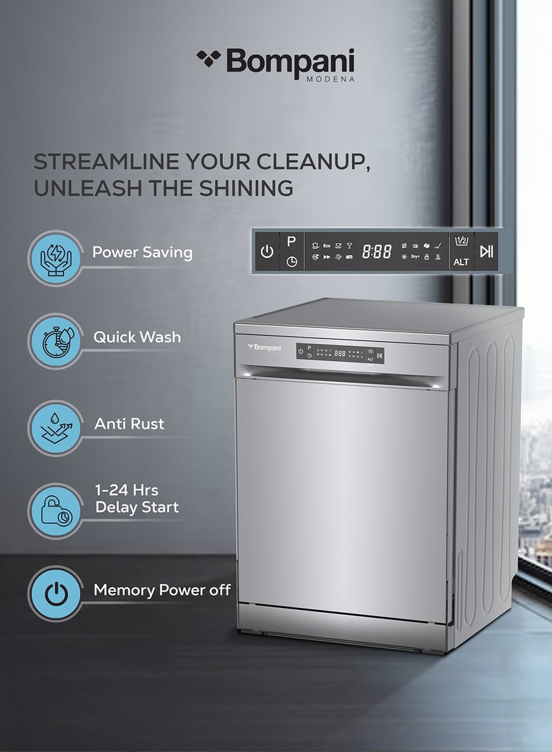 Bompani - 13L 13-Place Setting Freestanding Full Size Dishwasher With LED Digital Display, 8 Programs, 2 Racks, 3-in-1 Function, Child Lock, Half-Load, Delay Start, Stainless Steel 1850 W BO5011I Inox - Image 1
