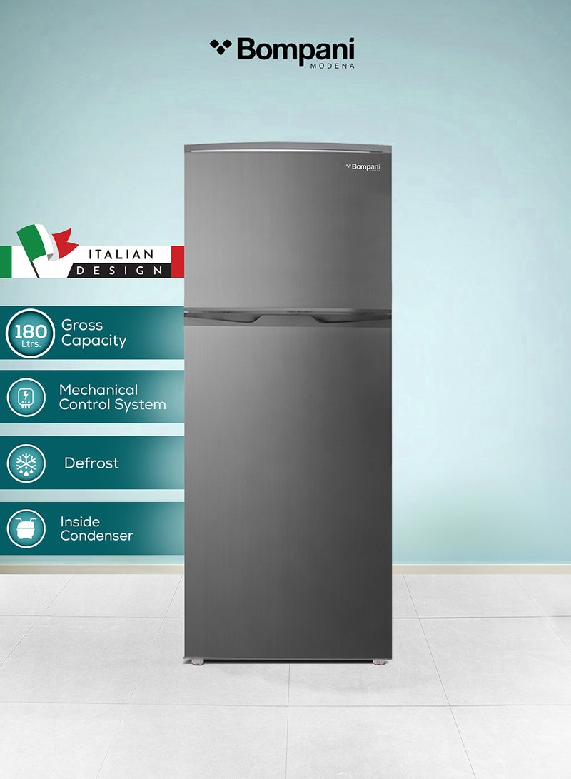 بومباني Double Door Refrigerator 180L Gross / 132L Net, Manual Defrost, R600a Refrigerant, Mechanical Temp Control, Inside Condenser, Recessed Handle, Inox Finish 310.25 kW BRF180SDN Inox - Image 1