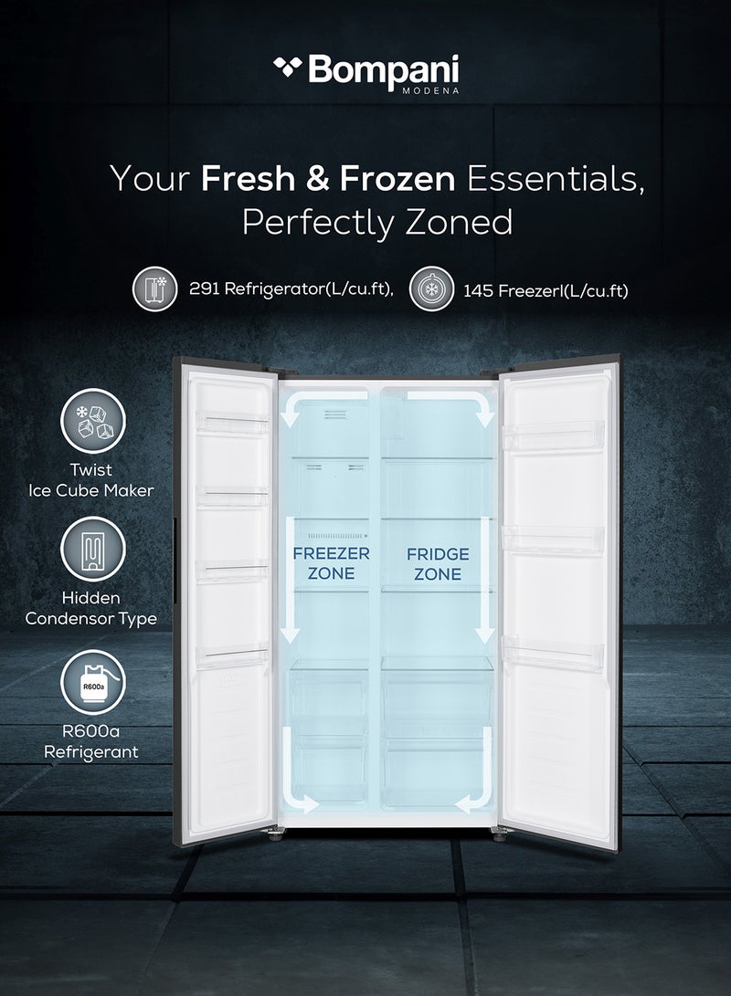 Bompani - 700L Gross / 436L Net Capacity Side by Side Refrigerator-Freezer With No-Frost Technology, Electronic Temperature Control, Recessed Handle, R600a Refrigerant 832 kW BR800 Inox - Image 1