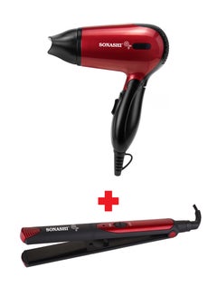 SONASHI 2-in-1 Ceramic Hair Straightener Red with Mini Foldable Travel Hair Dryer Red 1200W SHD-5005 + SHS-2067 Bundle Red  - Image 1