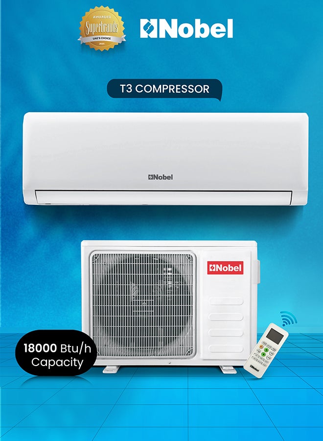 Nobel 1.5 Ton Rotary Split AC, Energy Efficient Cooling Air Conditioner with T3 Tropical Rotary Compressor, R410 Gas, 4-Way Airflow, 18,000 BTU AC, Gold Fin Technology, Auto Restart, Quiet Operation 1826 W NSAC18T3N White - Image 1