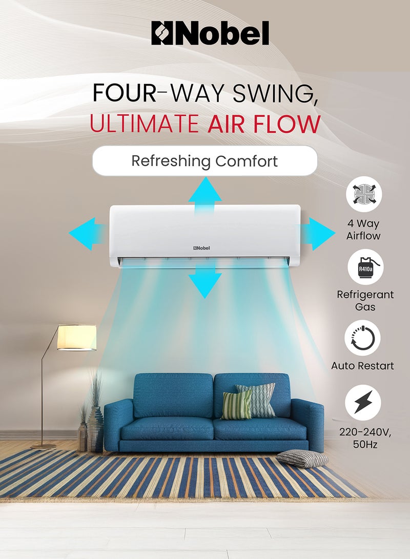 Nobel - 2 Ton Rotary Split AC, Energy Efficient Cooling Air Conditioner with T3 Tropical Rotary Compressor, R410 Gas, 4-Way Swing, 24000 BTU AC, Gold Fin Technology, Auto Restart, Best for Large Rooms and Offices 2300 W NSAC24T3N white - Image 1