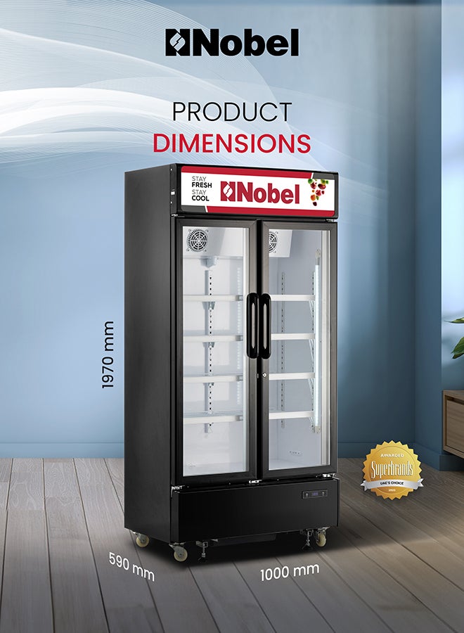 600L Gross/ 483L Net Capacity Upright Double Door Showcase Chiller, Quick Cooling, Low E Glass Doors, Low Noise & Low Voltage Consumption, Digital Controller, R290 Refrigerant 600 L 390 W NSF800I Black