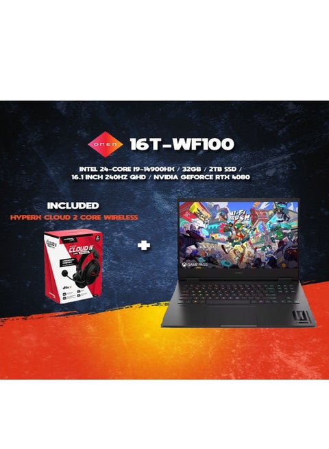 Omen 16 Gaming Laptop 16.1" QHD 240Hz Display Core i9-14900HX, 32GB, 2TB SSD, NVIDIA GeForce RTX4080 12GB Graphics RGB Backlit Eng Key WIN11, With HyperX Cloud II Core Wireless Headset English Shadow Black