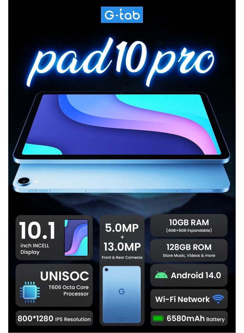 G-Tab - PAD 10 Pro tablet/10.1 inch IPS Display/800x1280 Resolution/Android 14/Octa Core 2.0 GHz/6580 mAh /5G Wifi/ 10GB RAM /128GB ROM/5MP Front+13MP Rear Camera/Touch Pen - Image 1