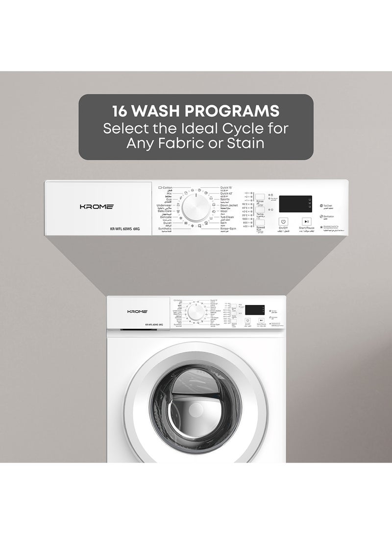 كروم 6Kg Front Load Washing Machine | 1000 RPM Spin Speed | 40L Drum Volume | 16 Wash Programs | Energy Efficient 4-Star | Universal Motor KR-WFL 60WS White  - Image 3