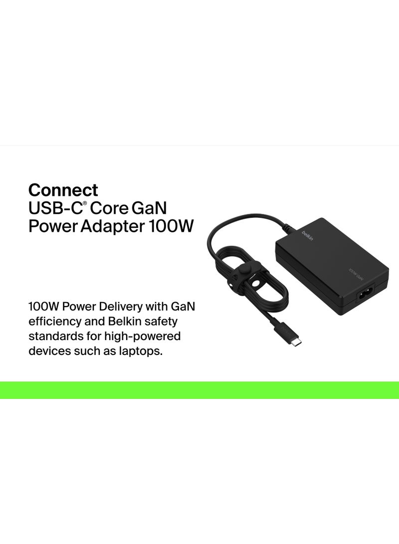 Connect 100W USB-C Core GaN Power Adapter, Fast-Charging Adapter w/ Universal USB-C Compatibility, 100W Power Delivery, 8ft Power Cable for Gaming, MacBook Pro, PC Laptops, Chromebook Black