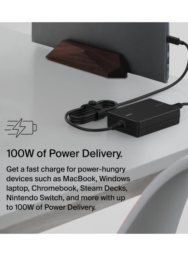 Connect 100W USB-C Core GaN Power Adapter, Fast-Charging Adapter w/ Universal USB-C Compatibility, 100W Power Delivery, 8ft Power Cable for Gaming, MacBook Pro, PC Laptops, Chromebook Black