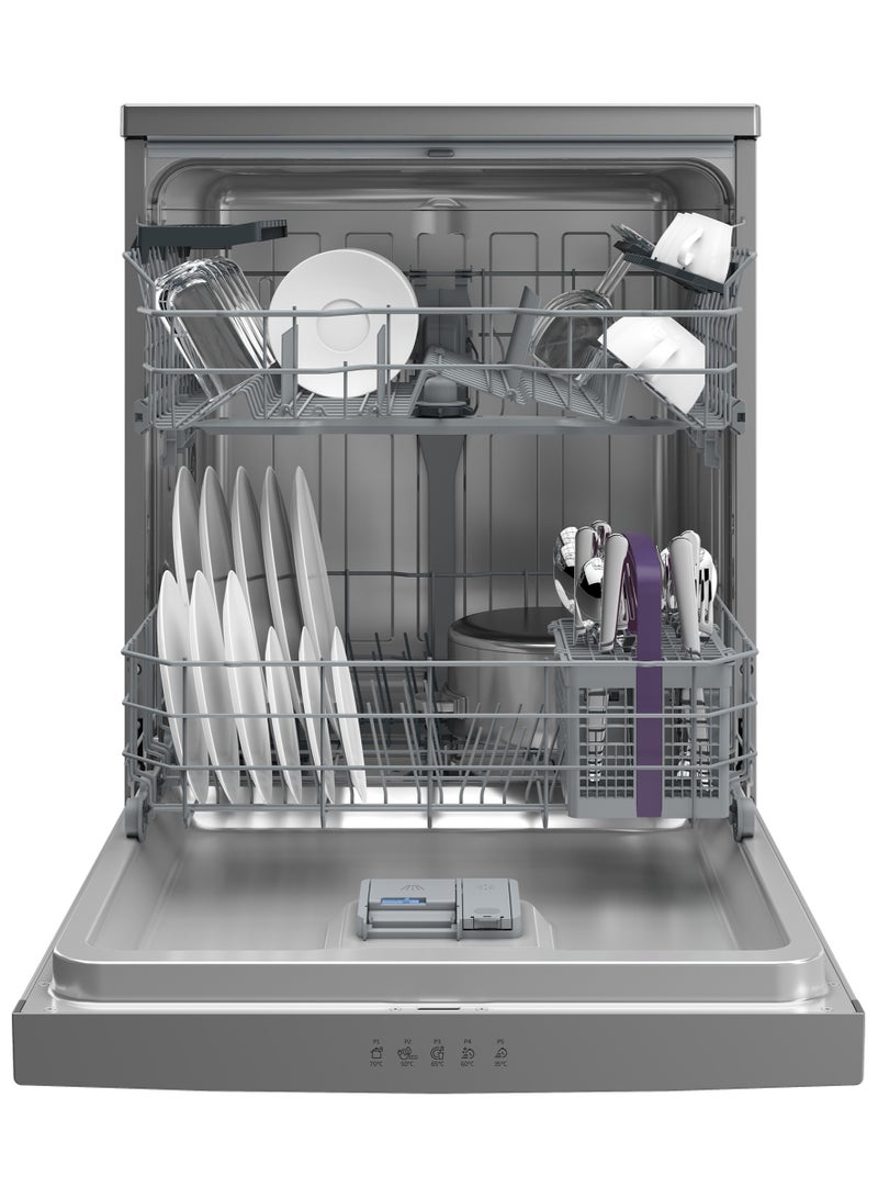 بيكو - Dishwasher 5 Programs 14 Persons 60 cm - LED - Half Load + Hygiene Intense + Steam Gloss 0.93 kW BDFN15421S Silver - Image 1