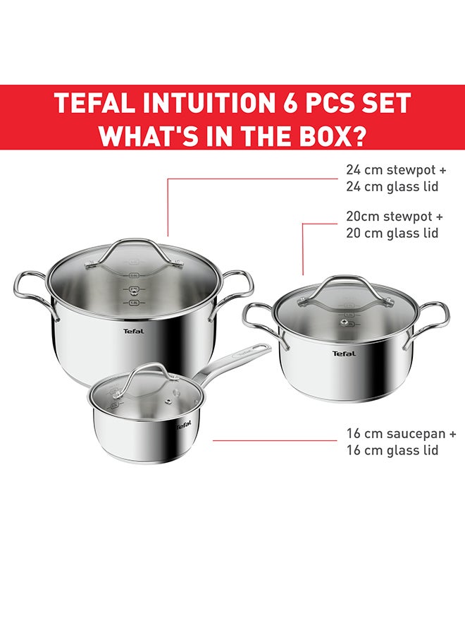 تيفال TEFAL Intuition طقم 6 قطع | قدر 16 سم مع غطاء، قدور طبخ 20/24 سم مع أغطية | ستانلس ستيل ممتاز 18/10 | علامات قياس | غطاء زجاجي | مناسب للحث الحراري | للطهي البطيء والغلي | ضمان سنتين | B864S674 - Image 3