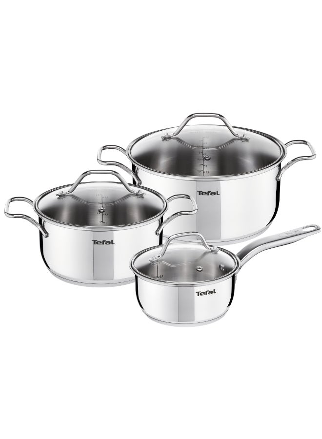 تيفال TEFAL Intuition طقم 6 قطع | قدر 16 سم مع غطاء، قدور طبخ 20/24 سم مع أغطية | ستانلس ستيل ممتاز 18/10 | علامات قياس | غطاء زجاجي | مناسب للحث الحراري | للطهي البطيء والغلي | ضمان سنتين | B864S674 - Image 1