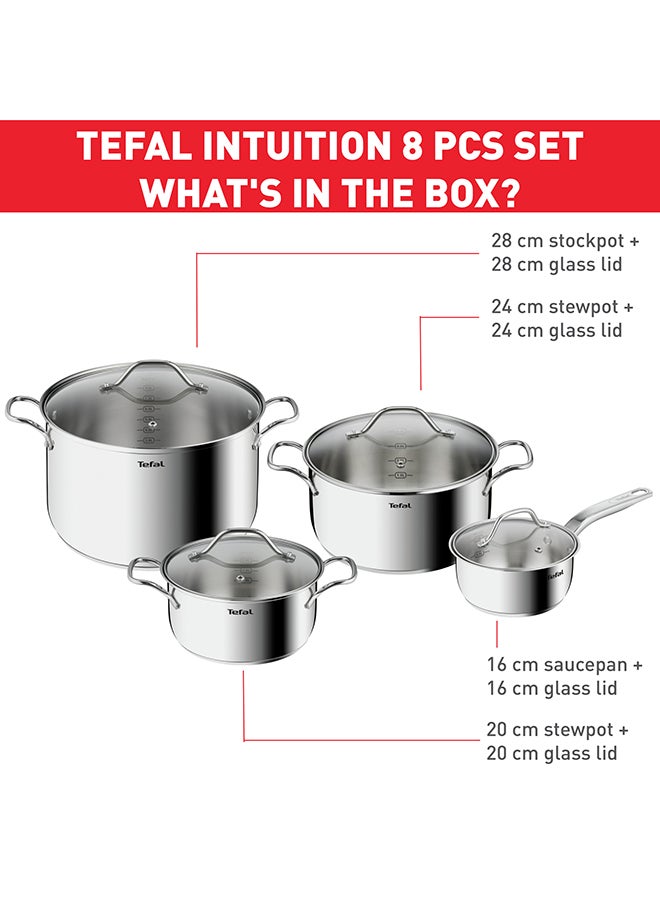 TEFAL Intuition 8 pc set | saucepan 16 cm+lid, stewpots 20/24+lids, stockpot 28 cm+lid | Premium Stainless steel 18/10 | Measuring marks | Glass lid | Induction | Stewing, Boiling | Recipe | B864S874 Stainless steel - Image 3