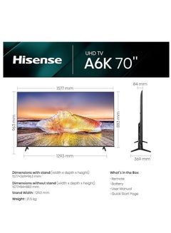 هايسنس Hisense 70 Inch Smart TV 4K UHD LCD Dolby Vision, Natural Colour Enhancer,VIDAA U5 OS, Youtube, Netflix, Disney +, Freeview Play and WiFi, Model (70A6K) 70A6K Black  - Image 2