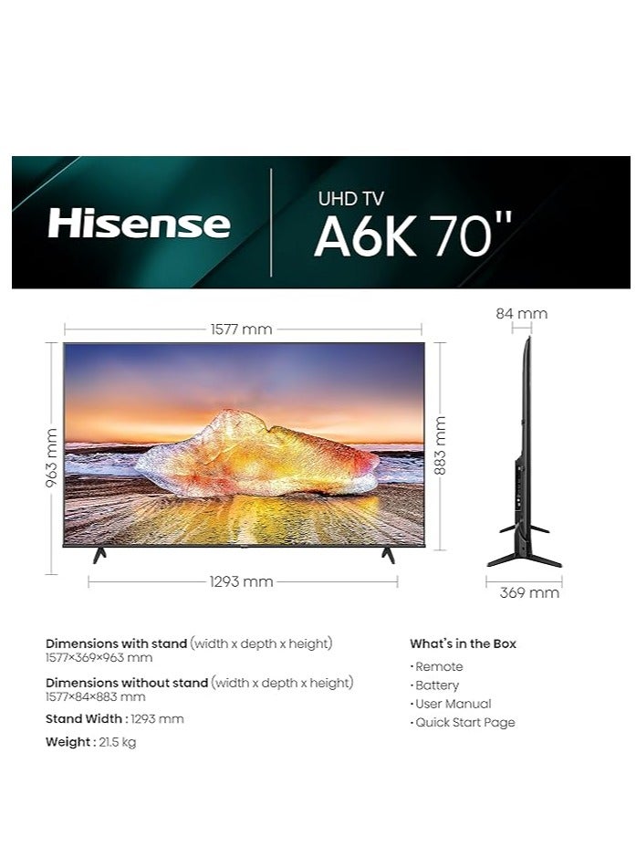 هايسنس Hisense 70 Inch Smart TV 4K UHD LCD Dolby Vision, Natural Colour Enhancer,VIDAA U5 OS, Youtube, Netflix, Disney +, Freeview Play and WiFi, Model (70A6K) 70A6K Black  - Image 2