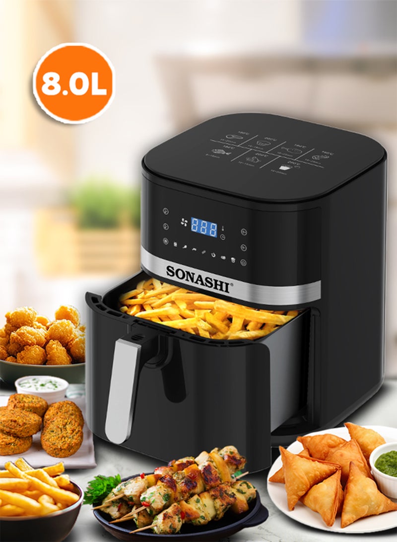 سوناشي 8L Digital Air Fryer With Temperature Control | Non-Stick Basket With Overheat Protection | Digital Display With Auto Shut-Off Function | Healthy Cooking With Perfect Air Fryer 8 L 1800 W SAF-800N Black - Image 2