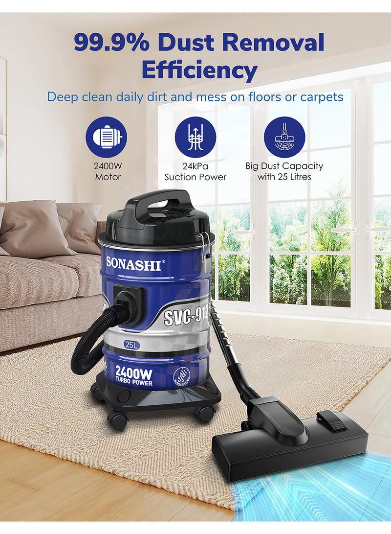 SONASHI - Drum Vacuum Cleaner with 25L Dust Capacity | Strong Suction with Low Noise | Multi-Stage Filtration with Dust Full Indicator | Wheel Base for Easy Use | For Home & Offices 25 L 2400 W SVC-9125D Blue - Image 1