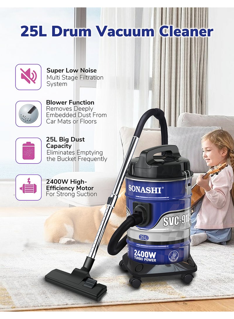 SONASHI - Drum Vacuum Cleaner with 25L Dust Capacity | Strong Suction with Low Noise | Multi-Stage Filtration with Dust Full Indicator | Wheel Base for Easy Use | For Home & Offices 25 L 2400 W SVC-9125D Blue - Image 1