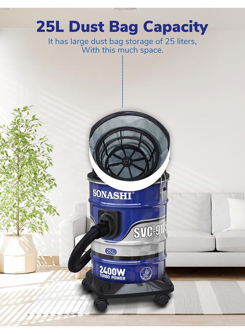 SONASHI - Drum Vacuum Cleaner with 25L Dust Capacity | Strong Suction with Low Noise | Multi-Stage Filtration with Dust Full Indicator | Wheel Base for Easy Use | For Home & Offices 25 L 2400 W SVC-9125D Blue - Image 1