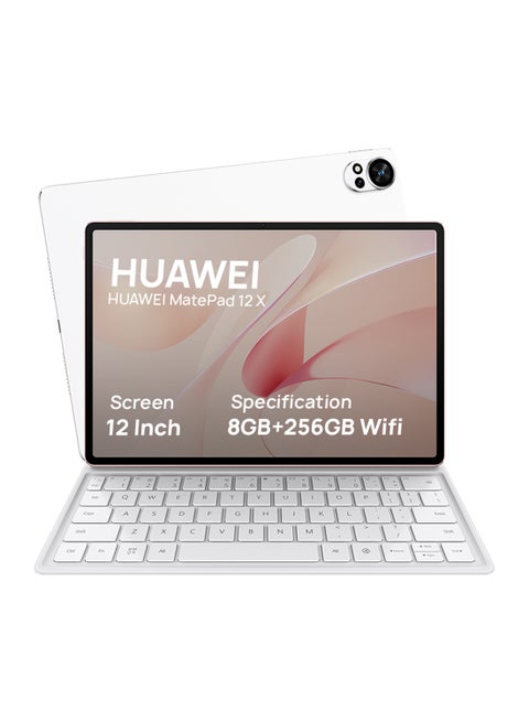 تابلت MatePad 12X مقاس 12 بوصة، أبيض، ذاكرة وصول عشوائي 8 جيجابايت، سعة تخزين 256 جيجابايت، واي فاي، مع لوحة مفاتيح انزلاقية (بدون قلم M-Pencil) وتطبيق GoPaint الاحترافي - إصدار الشرق الأوسط