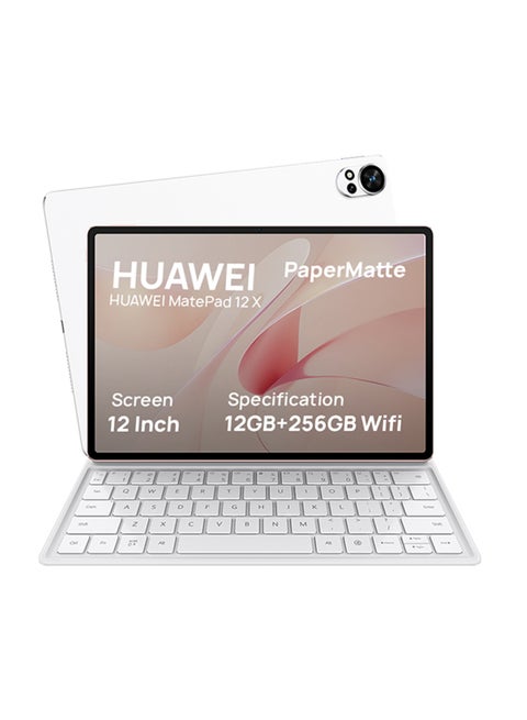 جهاز MatePad 12X اللوحي مقاس 12 بوصة باللون الأبيض، ذاكرة وصول عشوائي 12 جيجابايت، سعة تخزين 256 جيجابايت، واي فاي، مع لوحة مفاتيح انزلاقية، تطبيق GoPaint الاحترافي - إصدار الشرق الأوسط