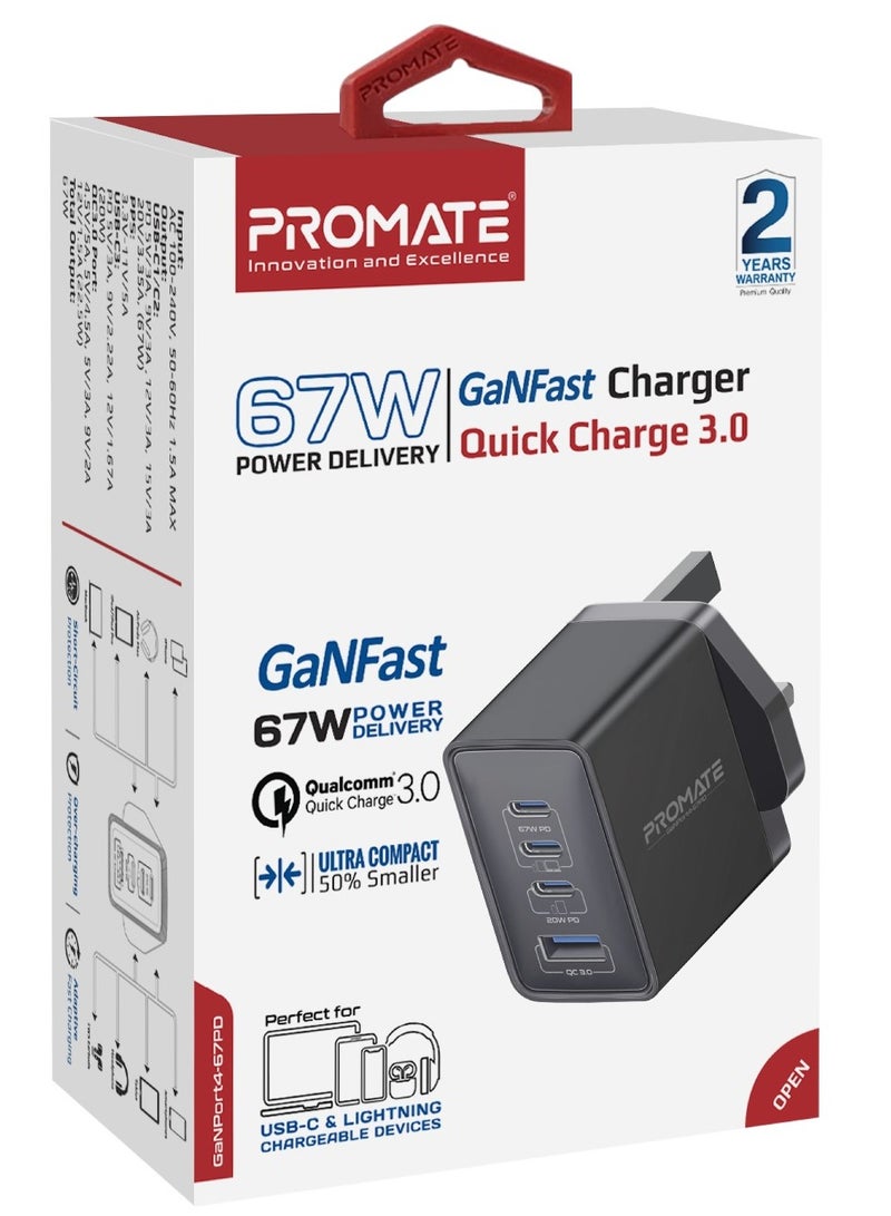GaN USB-C™ Laptop Charger, Super-Fast 67W Dual USB-C™ Power Delivery Wall Charger With 22.5W Qc 3.0 Port, 20W Type-C™ Power Deliver Black