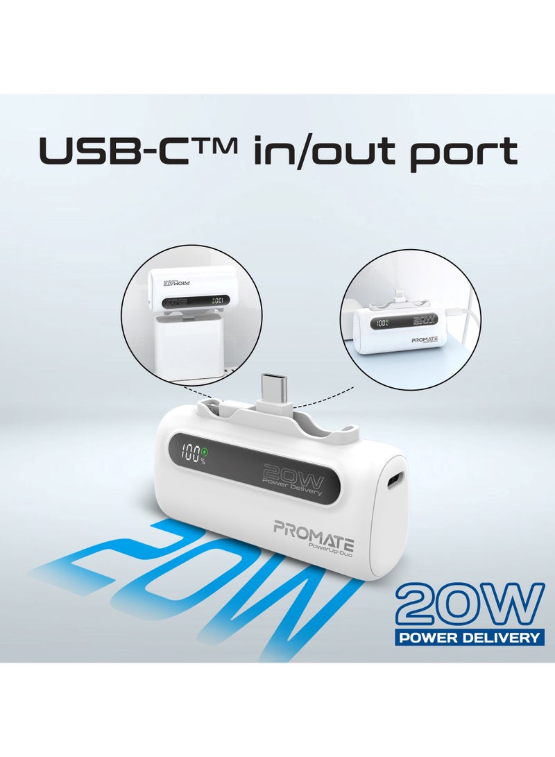 بنك طاقة صغير مع موصل USB-C™ قابل للطي بقوة 20 وات، وموصل Lightning قابل للطي بقوة 12 وات، وشاشة LED، وPowerUp-Duo