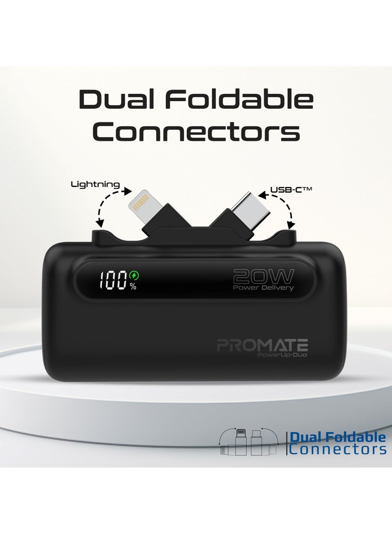 PROMATE - 5000 mAh Mini Power Bank With 20W USB-C™ In/Out Foldable Connector, 12W Lightning Foldable Connector, LED Display, PowerUp-Duo Black - Image 1