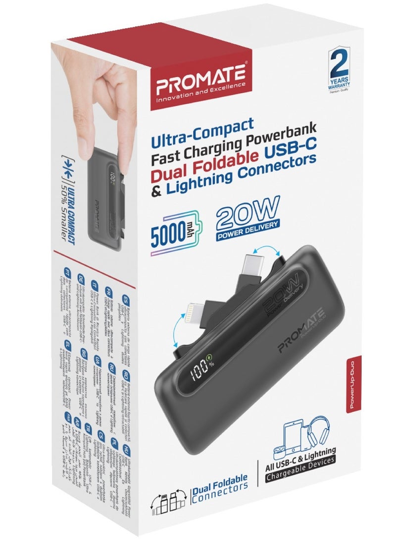 PROMATE - 5000 mAh Mini Power Bank With 20W USB-C™ In/Out Foldable Connector, 12W Lightning Foldable Connector, LED Display, PowerUp-Duo Black - Image 1