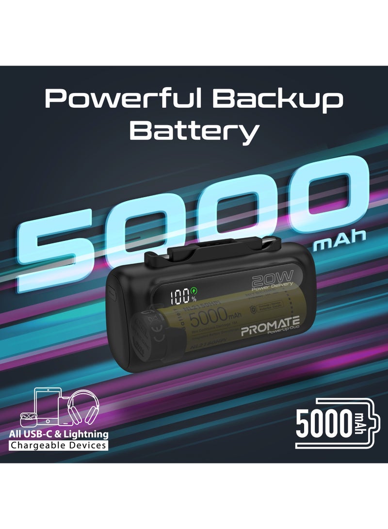 PROMATE - 5000 mAh Mini Power Bank With 20W USB-C™ In/Out Foldable Connector, 12W Lightning Foldable Connector, LED Display, PowerUp-Duo Black - Image 1