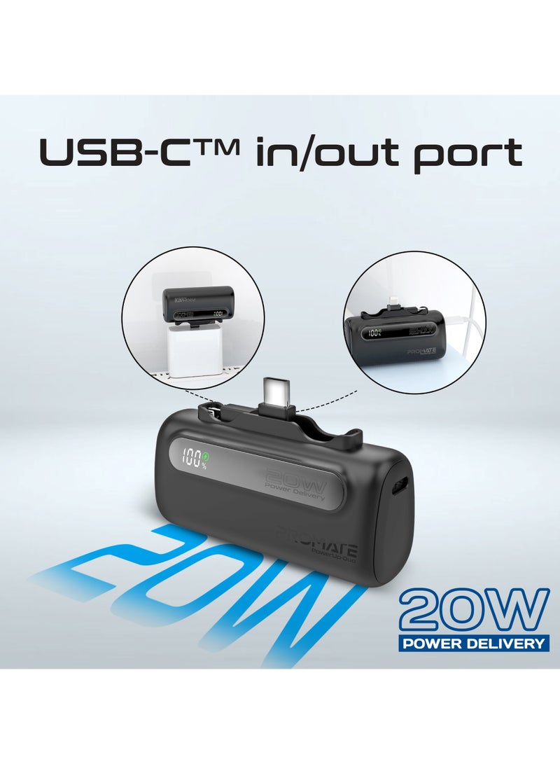 PROMATE - 5000 mAh Mini Power Bank With 20W USB-C™ In/Out Foldable Connector, 12W Lightning Foldable Connector, LED Display, PowerUp-Duo Black - Image 1