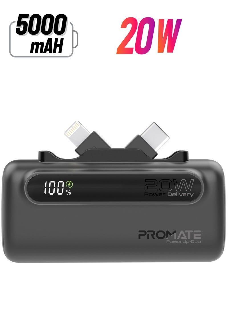 PROMATE - 5000 mAh Mini Power Bank With 20W USB-C™ In/Out Foldable Connector, 12W Lightning Foldable Connector, LED Display, PowerUp-Duo Black - Image 1