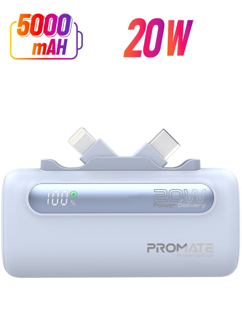 PROMATE 5000 mAh Mini Power Bank With 20W USB-C™ In/Out Foldable Connector, 12W Lightning Foldable Connector, LED Display, PowerUp-Duo Blue  - Image 1