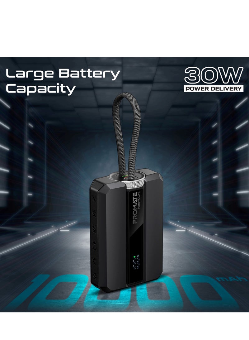PROMATE - 10000 mAh Power Bank with Triple-Device Charging, Double-ended Type-C And Lightning Cable, USB-C & Lightning Ports, 30W Output, LED Display, Neo-10Uni Black - Image 1