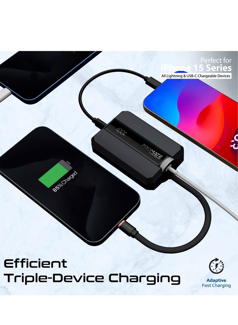 PROMATE - 10000 mAh Power Bank with Triple-Device Charging, Double-ended Type-C And Lightning Cable, USB-C & Lightning Ports, 30W Output, LED Display, Neo-10Uni Black - Image 1