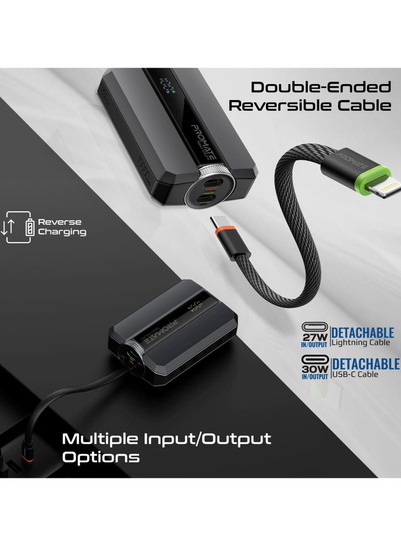 PROMATE - 10000 mAh Power Bank with Triple-Device Charging, Double-ended Type-C And Lightning Cable, USB-C & Lightning Ports, 30W Output, LED Display, Neo-10Uni Black - Image 1