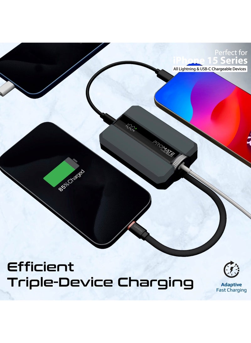 PROMATE 10000 mAh Power Bank with Triple-Device Charging, Double-ended Type-C and Lightning Cable, USB-C & Lightning Ports, 30W Output, LED Display, Neo-10Uni Grey  - Image 4