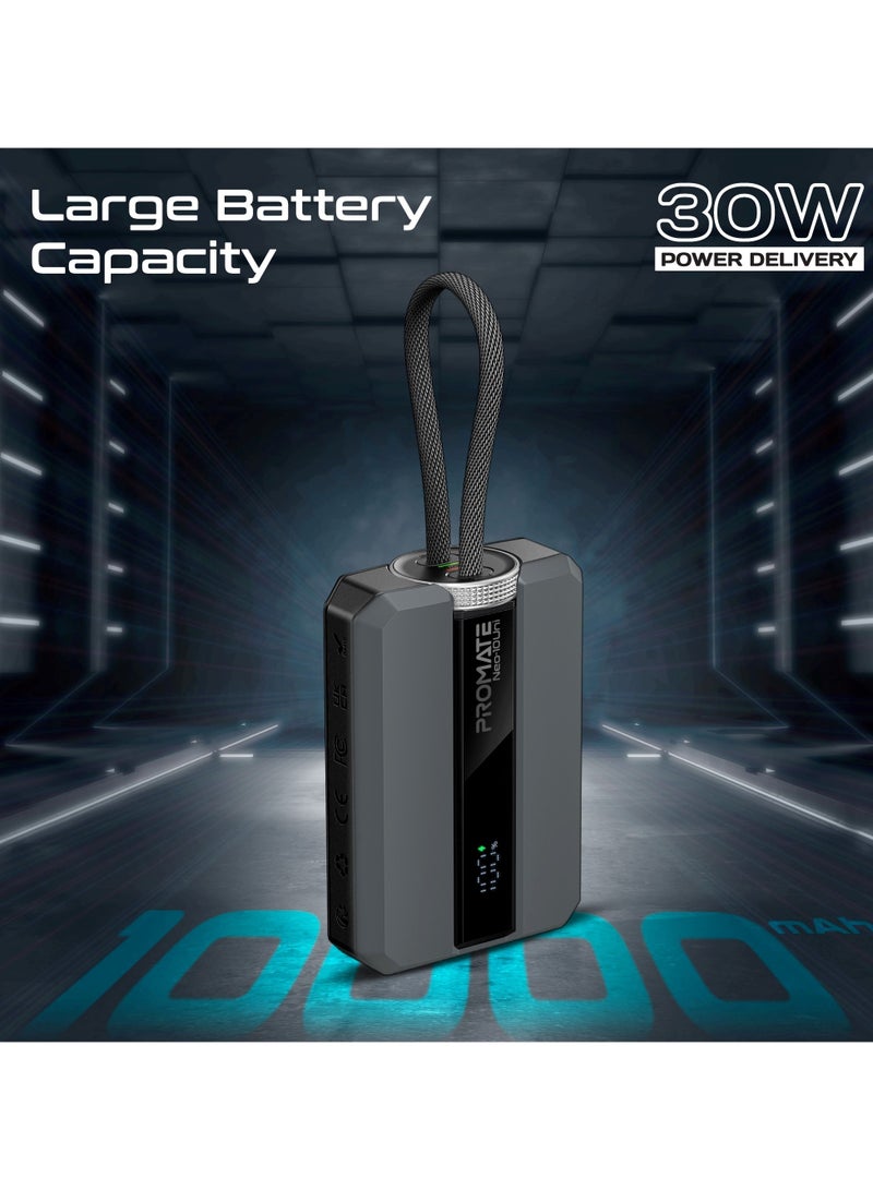 PROMATE 10000 mAh Power Bank with Triple-Device Charging, Double-ended Type-C and Lightning Cable, USB-C & Lightning Ports, 30W Output, LED Display, Neo-10Uni Grey  - Image 3