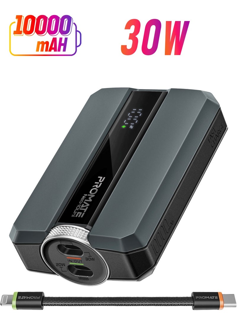 PROMATE 10000 mAh Power Bank with Triple-Device Charging, Double-ended Type-C and Lightning Cable, USB-C & Lightning Ports, 30W Output, LED Display, Neo-10Uni Grey  - Image 1