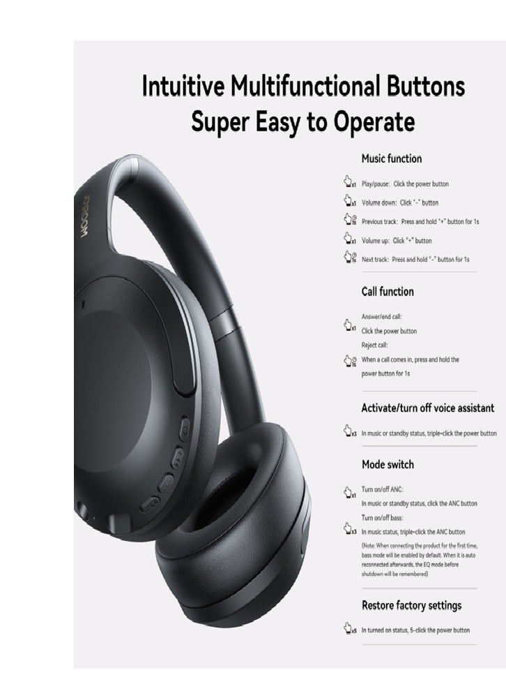 جوي روم JR-JH2 Hybrid Active Noise Cancelling Headphones, Wireless Over-Ear Bluetooth, 40H Long ANC Playtime, Hi-Res Audio, Big Bass, Customize Via An App, Transparency Mode, Ideal For Travel Black  - Image 5