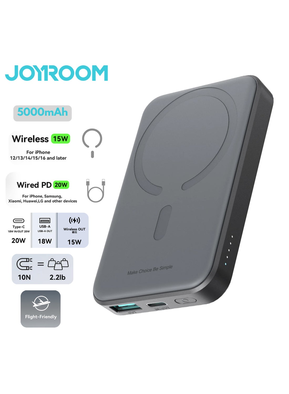 JOYROOM 5000 mAh Mini 20w Power Bank Boost Charge Magnetic Wireless, Magsafe, Battery Pack For iPhone 15, 14, 13, 12 Series Black 