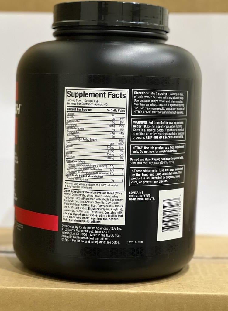 MuscleTech - Nitro-Tech Whey Isolate And Peptides Lean Protein Powder For Muscle Gain Milk Chocolate, 1.81 Kg, 4 Lb- 40 Servings - Image 1