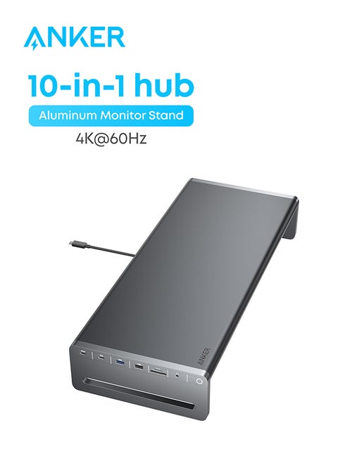 USB-C Hub, 10-in-1 Aluminum Monitor Stand with 100W PD, 5Gbps USB Ports, and 4K@60Hz HDMI Display, Built-In 3.3 ft Cable, Clutter-Free Desk for MacBook, Dell, and Full-Function USB-C Devices Black