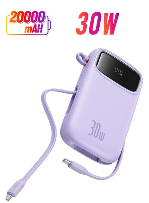20000 mAh Fast Charging Power Bank, 30W Power Delivery with Built-in Cables & LED Display, USB C Battery Pack for iPhone 15 Series, Samsung S24/S23, iPad and Android Phones, Ideal for Travel - Purple