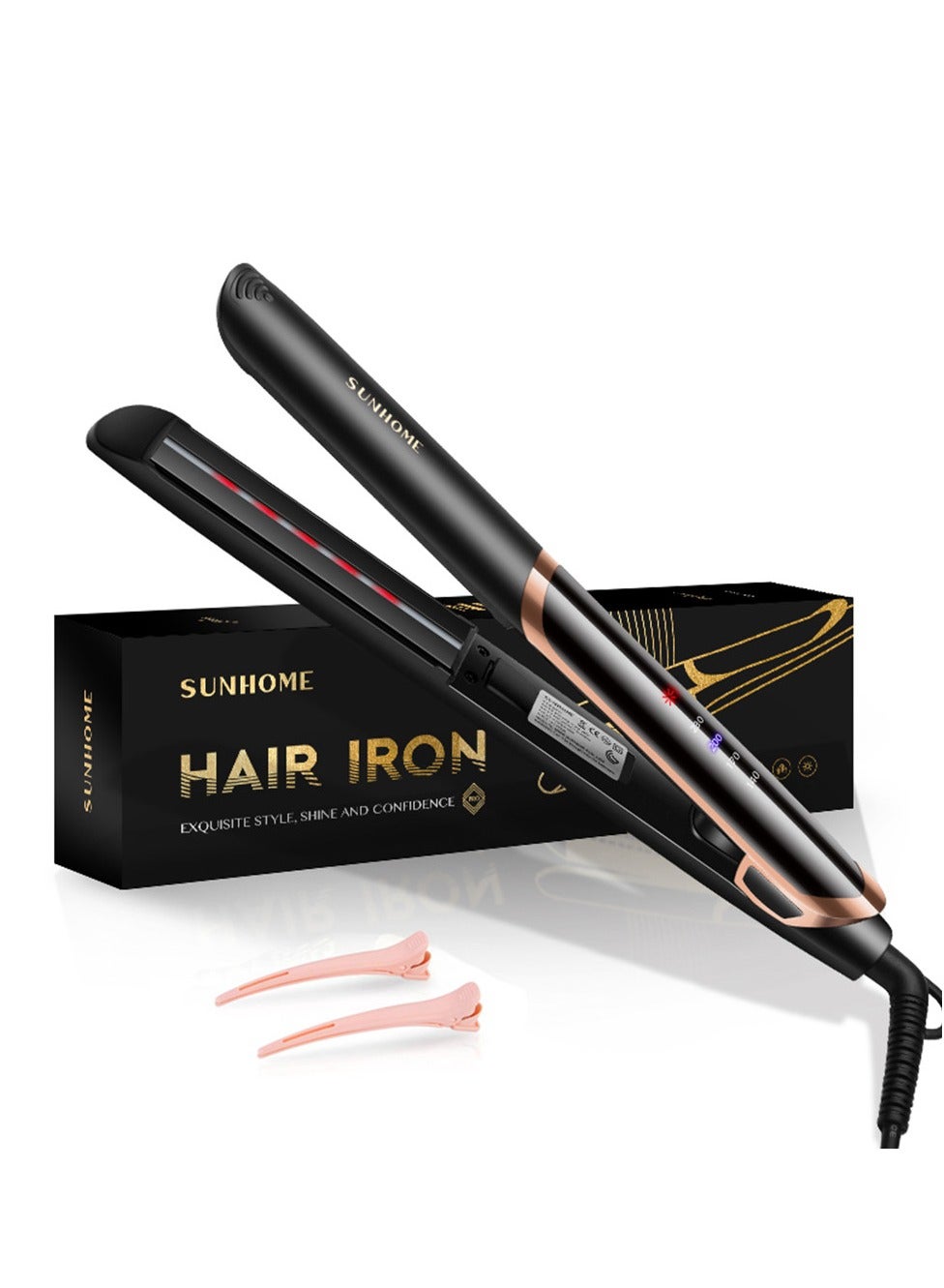 Sunhome Ceramic Hair Straightener, 2 in 1 Hair Straighteners and Curlers with Ceramic Coating for Smooth Glide, 10 Second Heat up, Up to 230°C, Lasting Results for Curl/Wave/Straighten Hair Black 