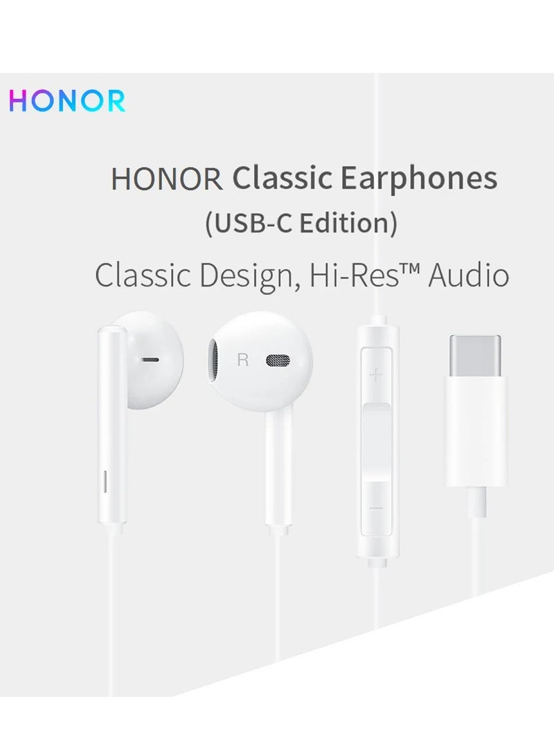Honor - Earphones Classic USB-C Headset Stereo Audio Wired Headphone with Mic Microphone Volume Control Wind For Honor AM33R Compatible with  All Mobile Phones Devices White - Image 1
