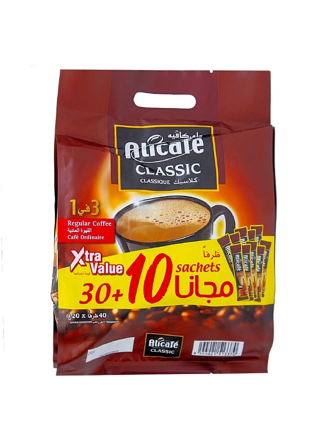 علي كافيه - Classic 3 In 1 Regular Coffee, 20g × 30 + 10 Sachets Free - Image 1